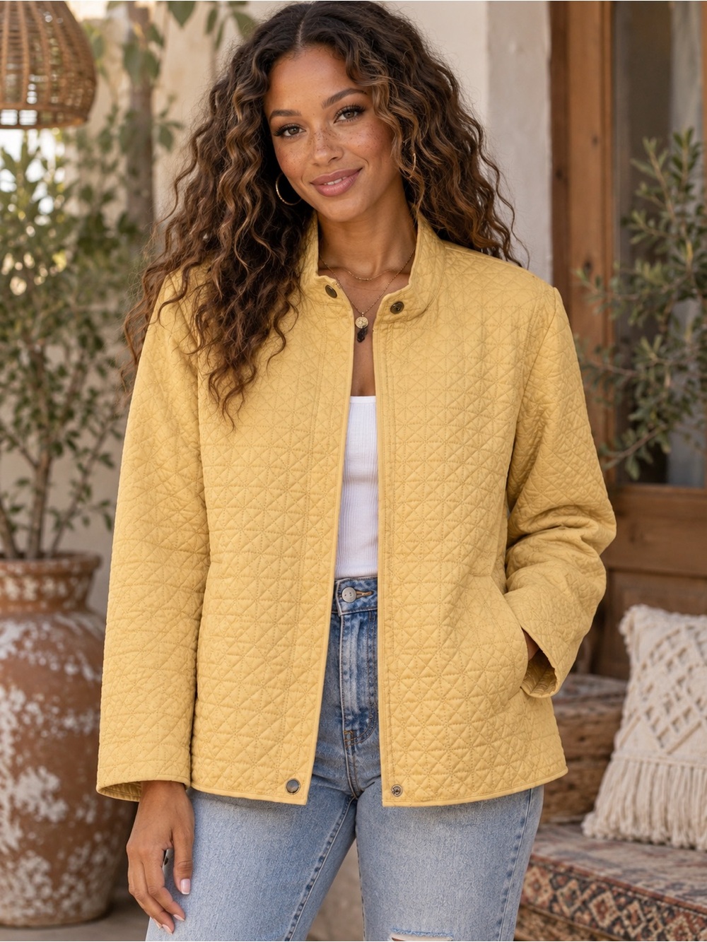 Vintage Norton McNaughton Yellow Quilted Jacket Women’s 14 Zip Snap Boho Coat